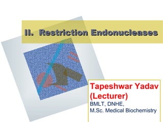 II. Restriction EndonucleasesII. Restriction Endonucleases
Tapeshwar Yadav
(Lecturer)
BMLT, DNHE,
M.Sc. Medical Biochemistry
 
