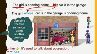 Do we
know
anything
about the
girl?
The girl is phoning home. Her car is in the garage.
Are the two
sentences
related?
When do
we use the
pronoun
« her »
Combine
the two
sentences
using
another
pronoun.
whose
The girl car is in the garage is phoning home.
her: It’s used to talk about possession.
whose
 