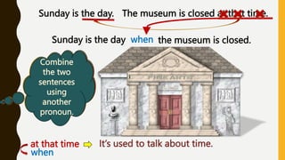 Do we
know
anything
about the
day?
Sunday is the day. The museum is closed at that time.
Are the two
sentences
related?
When do
we use « at
that time »
Combine
the two
sentences
using
another
pronoun.
when
Sunday is the day the museum is closed.
at that time: It’s used to talk about time.
when
 