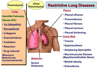 Lung
Interstitial PulmonaryInterstitial Pulmonary
Fibrosis (IPF):Fibrosis (IPF):
• 1ry (Idiopathic)
• Occupational
• Collagenic
• Granulomatous
• Irradiation
• Resection
• Drug induced
(Bleomycin,
Methotrexate,
Cyclophosphamide)
Pleura
• Pleural effusion
• Pneumothorax
• Pleural fibrosis
• Pleural tumours
• Pleural thickening
Chest Wall
• Trauma
• Kyphoscoliosis
• Ankylosing Spondylitis
• Neuromuscular Disease
(Myasthenia/Guillain Barre)
• Morbid obesity
• Scleroderma
Abdomen
Severe
Distension
Restrictive Lung DiseasesRestrictive Lung Diseases
Extra-
Parenchymal
Parenchymal
 