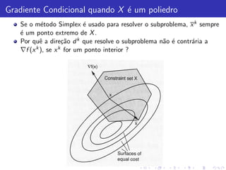 Gradiente Condicional quando X ´ um poliedro
                               e
   Se o m´todo Simplex ´ usado para resolver o subproblema, x k sempre
           e               e
   ´ um ponto extremo de X .
   e
   Por quˆ a dire¸˜o d k que resolve o subproblema n˜o ´ contr´ria a
           e        ca                              a e       a
   ∇f (x k ), se x k for um ponto interior ?
 