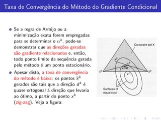 Taxa de Convergˆncia do M´todo do Gradiente Condicional
               e         e


   Se a regra de Armijo ou a
   minimiza¸˜o exata forem empregadas
            ca
   para se determinar o αk , pode-se
   demonstrar que as dire¸˜es geradas
                          co
   s˜o gradiente relacionadas e, ent˜o,
    a                               a
   todo ponto limite da sequˆncia gerada
                             e
   pelo m´todo ´ um ponto estacion´rio.
          e     e                    a
   Apesar disto, a taxa de convergˆncia
                                   e
   do m´todo ´ baixa: os pontos x k
         e     e
   gerados s˜o tais que a dire¸˜o d k ´
             a                ca      e
   quase ortogonal ´ dire¸˜o que levaria
                    a    ca
   ao ´timo, a partir do ponto x k
       o
   (zig-zag). Veja a ﬁgura:
 