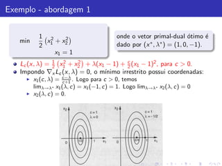 Exemplo - abordagem 1

           1 2     2                     onde o vetor primal-dual ´timo ´
                                                                      o     e
   min       x + x2                                  ∗ , λ∗ ) = (1, 0, −1).
           2 1                           dado por (x
               x1 = 1
               1
   Lc (x, λ) = 2 x1 + x2 + λ(x1 − 1) + c (x1 − 1)2 , para c > 0.
                  2    2
                                         2
   Impondo ∇x Lc (x, λ) = 0, o m´
                                ınimo irrestrito possui coordenadas:
     ◮   x1 (c, λ) = c−λ . Logo para c > 0, temos
                     c+1
         limλ→λ∗ x1 (λ, c) = x1 (−1, c) = 1. Logo limλ→λ∗ x2 (λ, c) = 0
     ◮   x2 (λ, c) = 0.
 