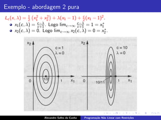 Exemplo - abordagem 2 pura
             1
Lc (x, λ) = 2 x1 + x2 + λ(x1 − 1) + c (x1 − 1)2 .
                 2    2
                                       2
     x1 (c, λ) = c−λ . Logo limc→∞ c−λ = 1 = x1
                  c+1               c+1
                                                ∗
                                                 ∗
     x2 (c, λ) = 0. Logo limc→∞ x2 (c, λ) = 0 = x2 .




                   Alexandre Salles da Cunha   Programa¸˜o N˜o Linear com Restri¸˜es
                                                       ca   a                   co
 