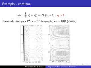 Exemplo - continua

                1 2        2
            min   (x + x2 ) − ǫk ln(x1 − 2) : x1 > 2
                2 1
Curvas de n´ para P k : ǫ = 0.3 (esquerda) e ǫ = 0.03 (direita).
           ıvel




                   Alexandre Salles da Cunha   Programa¸˜o N˜o Linear com Restri¸˜es
                                                       ca   a                   co
 