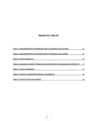 vi
ÍNDICE DE TABLAS
TABLA 1. REQUERIMIENTOS DE HARDWARE PARA EL DESARROLLO DEL SISTEMA 16
TABLA 2. REQUERIMIENTOS DE SOFTWARE PARA EL DESARROLLO DEL SISTEMA 16
TABLA 3. COSTOS GENERALES 16
TABLA 4. SALARIOS DEL EQUIPO TÉCNICO QUE PARTICIPARA EN EL DESARROLLO DEL PROYECTO 17
TABLA 5. COSTO DE AMBIENTE 17
TABLA 6. COSTOS DE OPERACIÓN DURANTE EL DESARROLLO 18
TABLA 7. COSTOS TOTALES DEL SISTEMA. 18
 