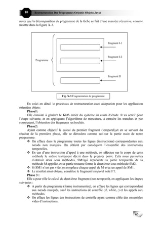 10     Restructuration Des Programmes Orientés Objets (Java)


noter que la décomposition du programme de la tâche se fait d’une manière récursive, comme
montré dans la figure X-3.




                                                                       Fragment I-1




                                                                       Fragment I-2
            Programme




                                                                       Fragment II




                                 Fig. X-3:Fragmentation de programme

      En voici en détail le processus de restructuration avec adaptation pour les application
orientées objets:
      Phase1:
      Elle consiste à générer le GDS entier du système en cours d’étude. Il va servir pour
l’étape suivante, et en appliquant l’algorithme de troncature, à extraire les tranches et par
conséquent, l’obtention des fragments recherchés.
      Phase2:
      Ayant comme objectif le calcul du premier fragment (temporel),et en se servant du
résultat de la première phase, elle se déroulera comme suit sur la partie main de notre
programme:
          On efface dans le programme toutes les lignes (instructions) correspondantes aux
          nœuds non marqués. On obtient par conséquent l’ensemble des instructions
          temporelles.
          En cas d’une instruction d’appel à une méthode, on effectue sur le corps de cette
          méthode le même traitement décrit dans le premier point. Cela nous permettra
          d’obtenir deux sous méthodes, SM1qui représente la partie temporelle de la
          méthode M appelée, et sa partie restante forme la deuxième sous méthode SM2.
          Si SM1 n’est pas vide, on remplace chaque appel de M avec un appel de SM1.
          Le résultat ainsi obtenu, constitue le fragment temporel noté FT.
      Phase 3 :
      Elle a pour rôle le calcul du deuxième fragment (non temporel), en appliquant les étapes
suivantes :
          A partir du programme (forme instrumentée), on efface les lignes qui correspondent
          aux nœuds marqués, sauf les instructions de contrôle (if, while,..) et les appels aux
          méthodes.
          On efface les lignes des instructions de contrôle ayant comme cible des ensembles
          vides d’instructions.


                                                                                         63
 