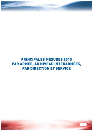 7 
PRINCIPALES MESURES 2015 
PAR ARMÉE, AU NIVEAU INTERARMÉES, 
PAR DIRECTION ET SERVICE 
 