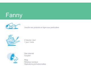 2 heures / jour
1 jour / mois
Fanny
Site internet
Coupon
Blog
Réseaux sociaux
Opérations promotionnelles
Vendre ses produits en ligne aux particuliers
 