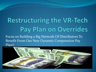 Restructuring the VR-Tech Pay Plan on Overrides Focus on Building a Big Network Of Distributors To Benefit From Our New Dynamic Compression Pay Plan!!  