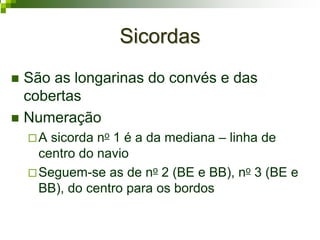 SicordasSicordas
São as longarinas do convés e das
cobertas
Numeração
A sicorda no 1 é a da mediana – linha de
centro do navio
Seguem-se as de no 2 (BE e BB), no 3 (BE e
BB), do centro para os bordos
 