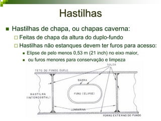 HastilhasHastilhas
Hastilhas de chapa, ou chapas caverna:
Feitas de chapa da altura do duplo-fundo
Hastilhas não estanques devem ter furos para acesso:
Elipse de pelo menos 0,53 m (21 inch) no eixo maior,
ou furos menores para conservação e limpeza
 