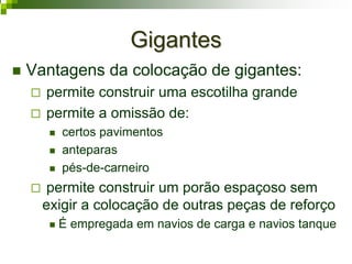 GigantesGigantes
Vantagens da colocação de gigantes:
permite construir uma escotilha grande
permite a omissão de:
certos pavimentos
anteparas
pés-de-carneiro
permite construir um porão espaçoso sem
exigir a colocação de outras peças de reforço
É empregada em navios de carga e navios tanque
 