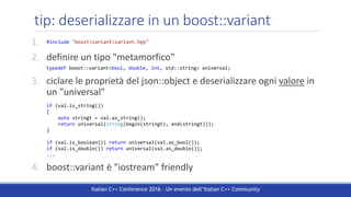 Italian C++ Conference 2016 – Un evento dell’Italian C++ Community
tip: deserializzare in un boost::variant
1.
2. definire...