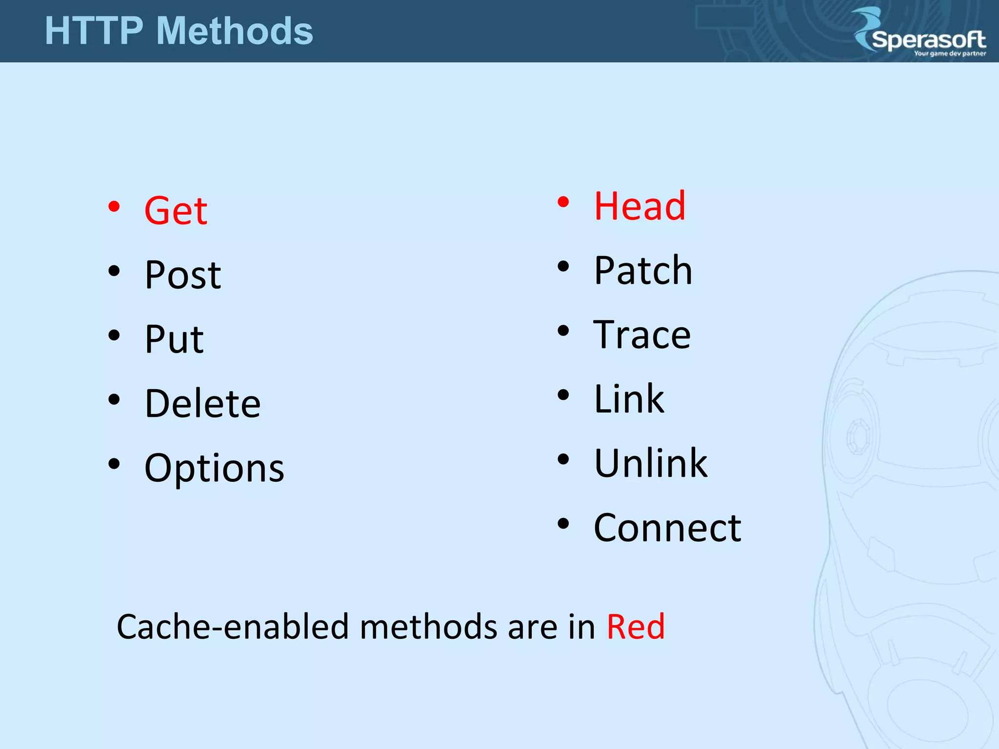 • Get
• Post
• Put
• Delete
• Options
• Head
• Patch
• Trace
• Link
• Unlink
• Connect
Cache-enabled methods are in Red
HTTP Methods
 