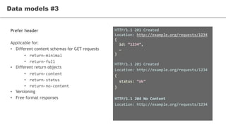 Prefer header
Applicable for:
• Different content schemas for GET requests
• return-minimal
• return-full
• Different return objects
• return-content
• return-status
• return-no-content
• Versioning
• Free format responses
Data models #3
HTTP/1.1 201 Created
Location: http://example.org/requests/1234
{
id: “1234”,
…
}
HTTP/1.1 201 Created
Location: http://example.org/requests/1234
{
status: ”ok”
}
HTTP/1.1 204 No Content
Location: http://example.org/requests/1234
 