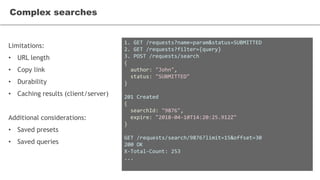 Limitations:
• URL length
• Copy link
• Durability
• Caching results (client/server)
Additional considerations:
• Saved presets
• Saved queries
Complex searches
1. GET /requests?name=param&status=SUBMITTED
2. GET /requests?filter={query}
3. POST /requests/search
{
author: "John",
status: "SUBMITTED"
}
201 Created
{
searchId: "9876",
expire: "2018-04-10T14:20:25.912Z"
}
GET /requests/search/9876?limit=15&offset=30
200 OK
X-Total-Count: 253
...
 