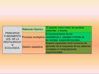 PRINCIPIOS
FUNDAMENTA
LES DE LA
RESTAURACIO
N
ECOLOGICA.
Referente Historico
El pasado como motor de cambios
presentes y futuros.
Procesos ecológicos
El funcionamiento de los
ecosistemas y paisajes a través de
las escalas espaciotemporales.
Gestion adaptativa
Nuestra capacidad como humanos de
aprender de la respuesta de los sistemas
complejos a manipulaciones
experimentales.
 