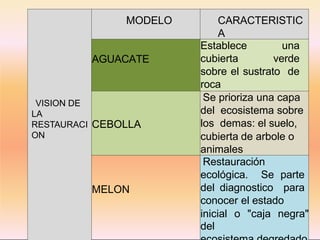 VISION DE
LA
RESTAURACI
ON
MODELO CARACTERISTIC
A
AGUACATE
Establece una
cubierta verde
sobre el sustrato de
roca
CEBOLLA
Se prioriza una capa
del ecosistema sobre
los demas: el suelo,
cubierta de arbole o
animales
MELON
Restauración
ecológica. Se parte
del diagnostico para
conocer el estado
inicial o "caja negra"
del
 