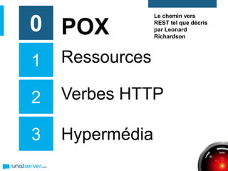 1
2
3
Ressources
Verbes HTTP
Hypermédia
POX0
Le chemin vers
REST tel que décris
par Leonard
Richardson
 