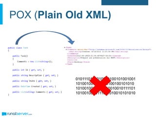 POX (Plain Old XML)
0101110101010010100101001001
101001001001000100100101010
1010010010010010010010111101
1010010010111011010010101010
 