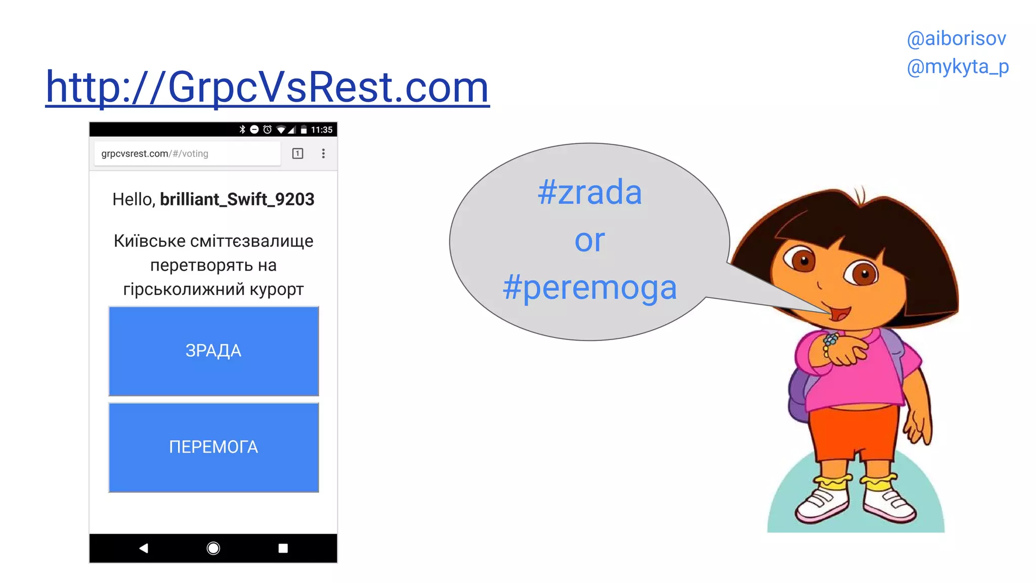 http://GrpcVsRest.com
#zrada
or
#peremoga
@aiborisov
@mykyta_p
 