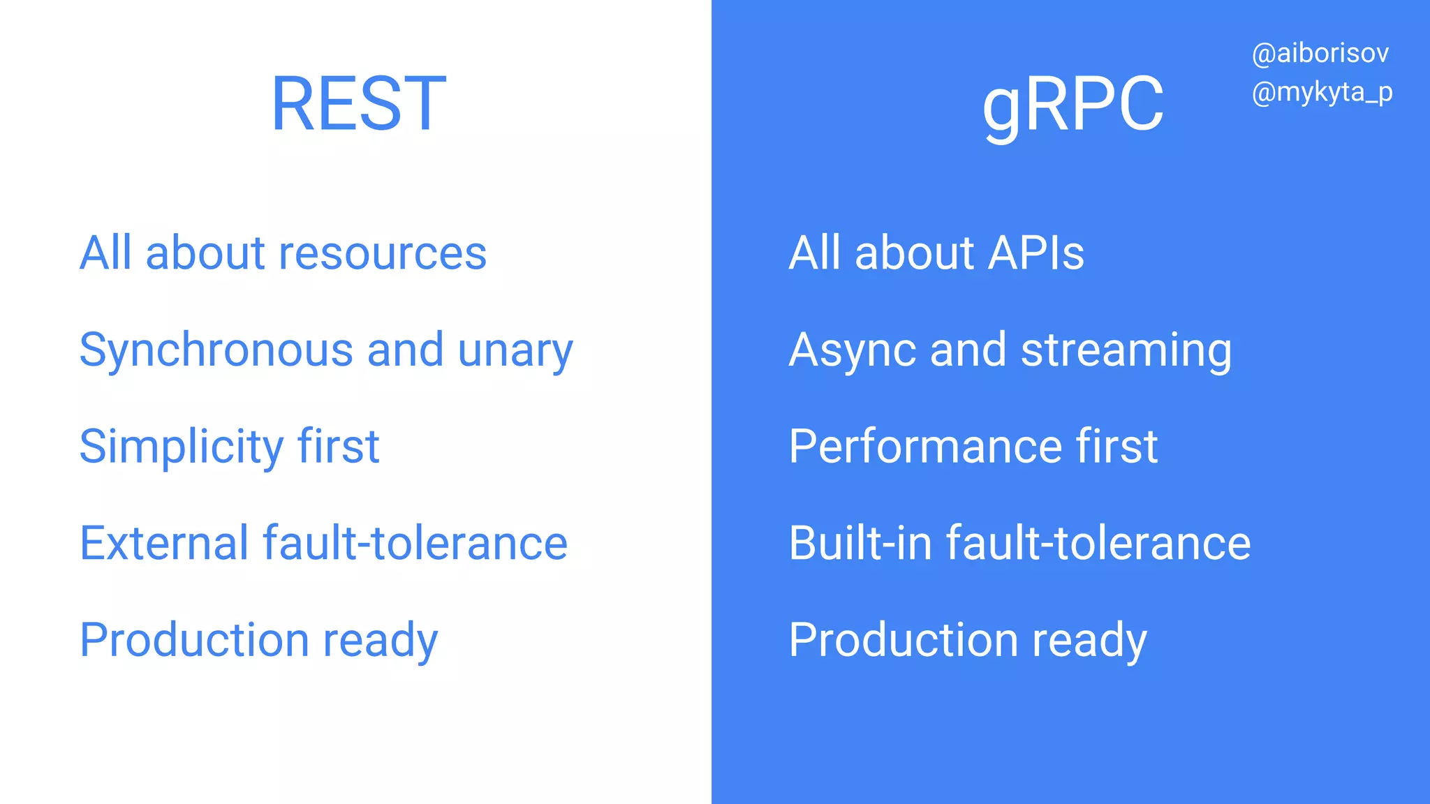 All about resources
Synchronous and unary
Simplicity first
External fault-tolerance
Production ready
All about APIs
Async and streaming
Performance first
Built-in fault-tolerance
Production ready
REST gRPC
@aiborisov
@mykyta_p
 