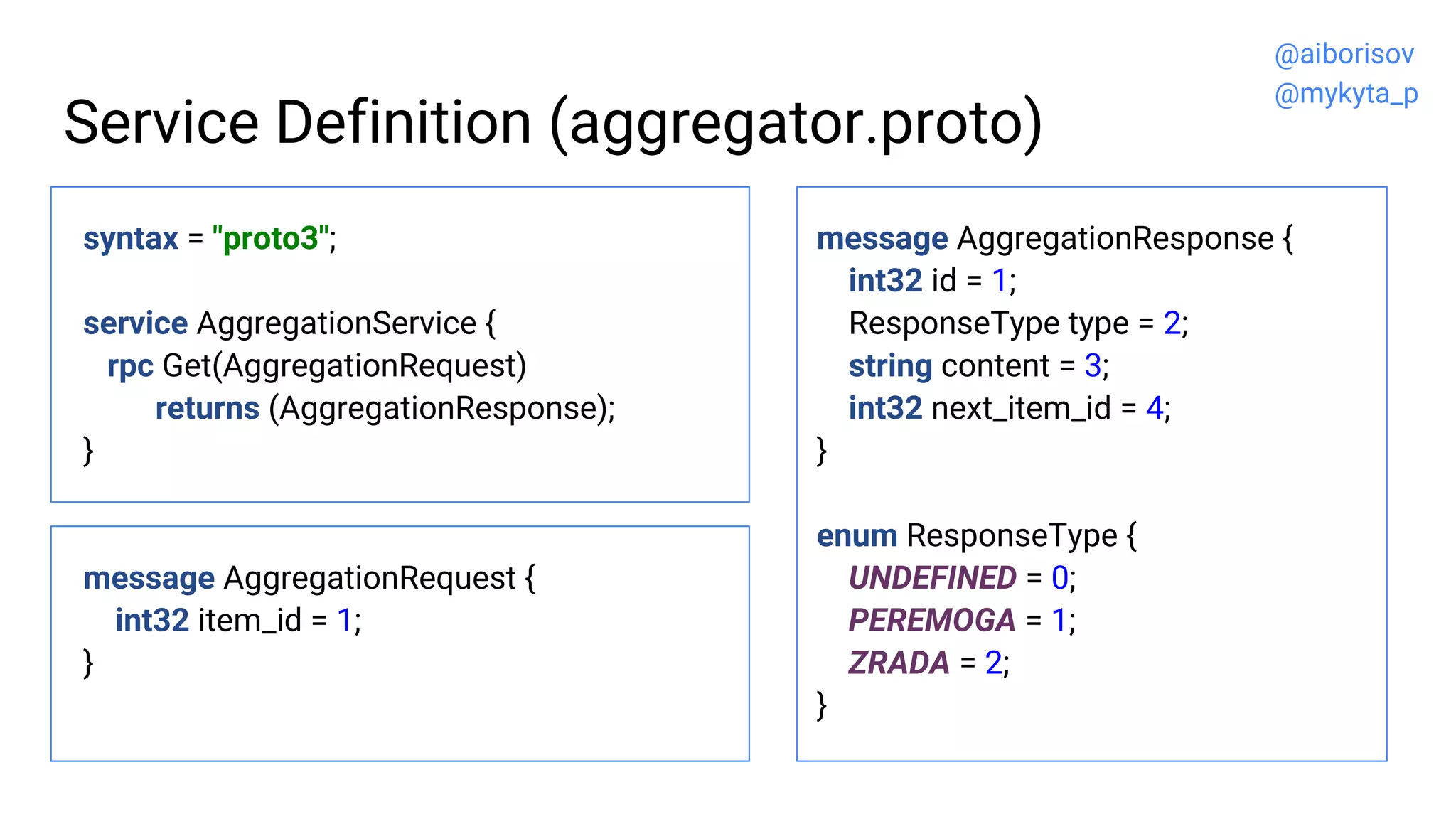 Service Definition (aggregator.proto)
syntax = "proto3";
service AggregationService {
rpc Get(AggregationRequest)
returns (AggregationResponse);
}
message AggregationRequest {
int32 item_id = 1;
}
message AggregationResponse {
int32 id = 1;
ResponseType type = 2;
string content = 3;
int32 next_item_id = 4;
}
enum ResponseType {
UNDEFINED = 0;
PEREMOGA = 1;
ZRADA = 2;
}
@aiborisov
@mykyta_p
 