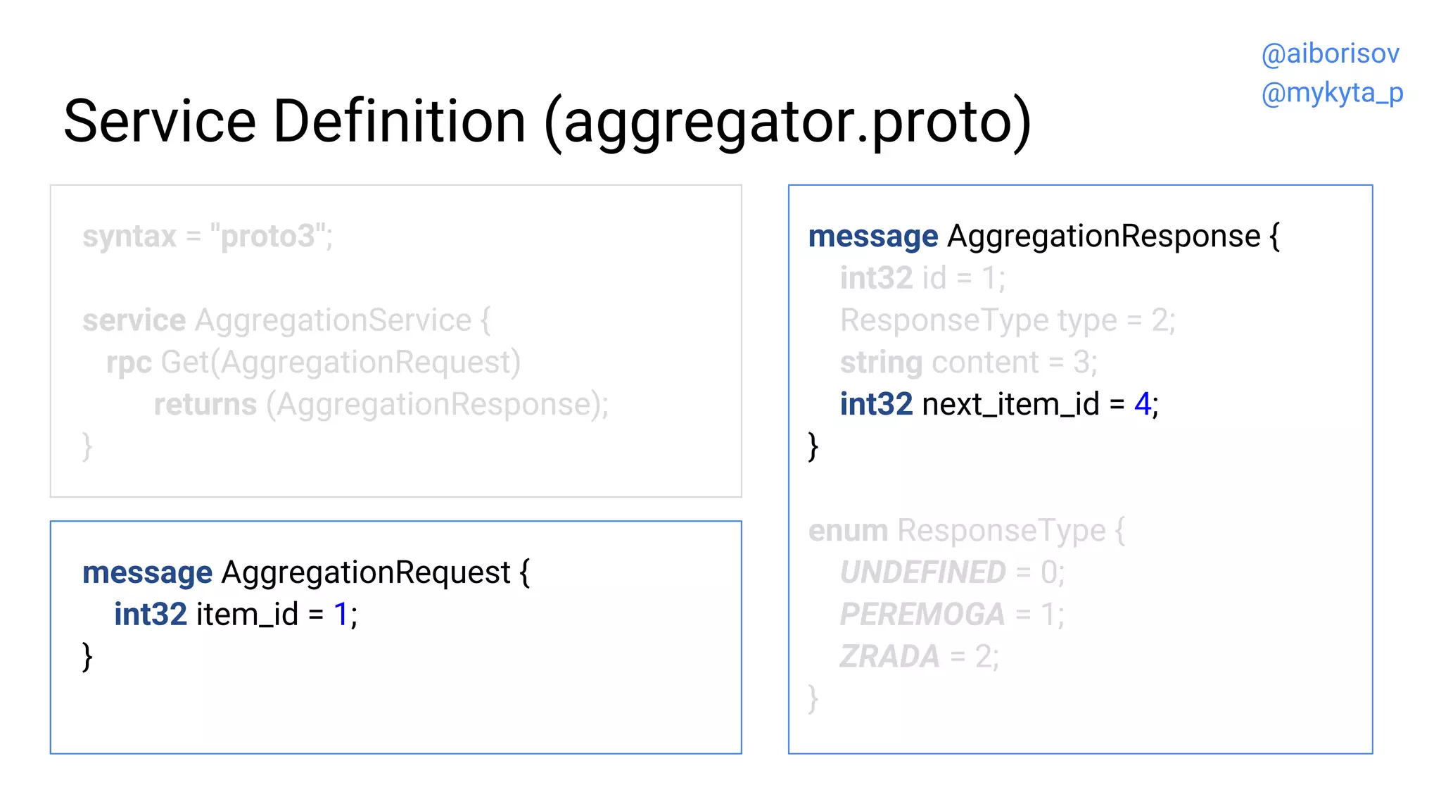 Service Definition (aggregator.proto)
syntax = "proto3";
service AggregationService {
rpc Get(AggregationRequest)
returns (AggregationResponse);
}
message AggregationRequest {
int32 item_id = 1;
}
message AggregationResponse {
int32 id = 1;
ResponseType type = 2;
string content = 3;
int32 next_item_id = 4;
}
enum ResponseType {
UNDEFINED = 0;
PEREMOGA = 1;
ZRADA = 2;
}
@aiborisov
@mykyta_p
 