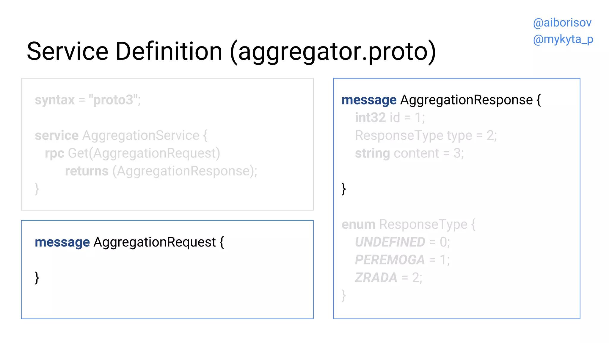 Service Definition (aggregator.proto)
syntax = "proto3";
service AggregationService {
rpc Get(AggregationRequest)
returns (AggregationResponse);
}
message AggregationRequest {
}
message AggregationResponse {
int32 id = 1;
ResponseType type = 2;
string content = 3;
}
enum ResponseType {
UNDEFINED = 0;
PEREMOGA = 1;
ZRADA = 2;
}
@aiborisov
@mykyta_p
 