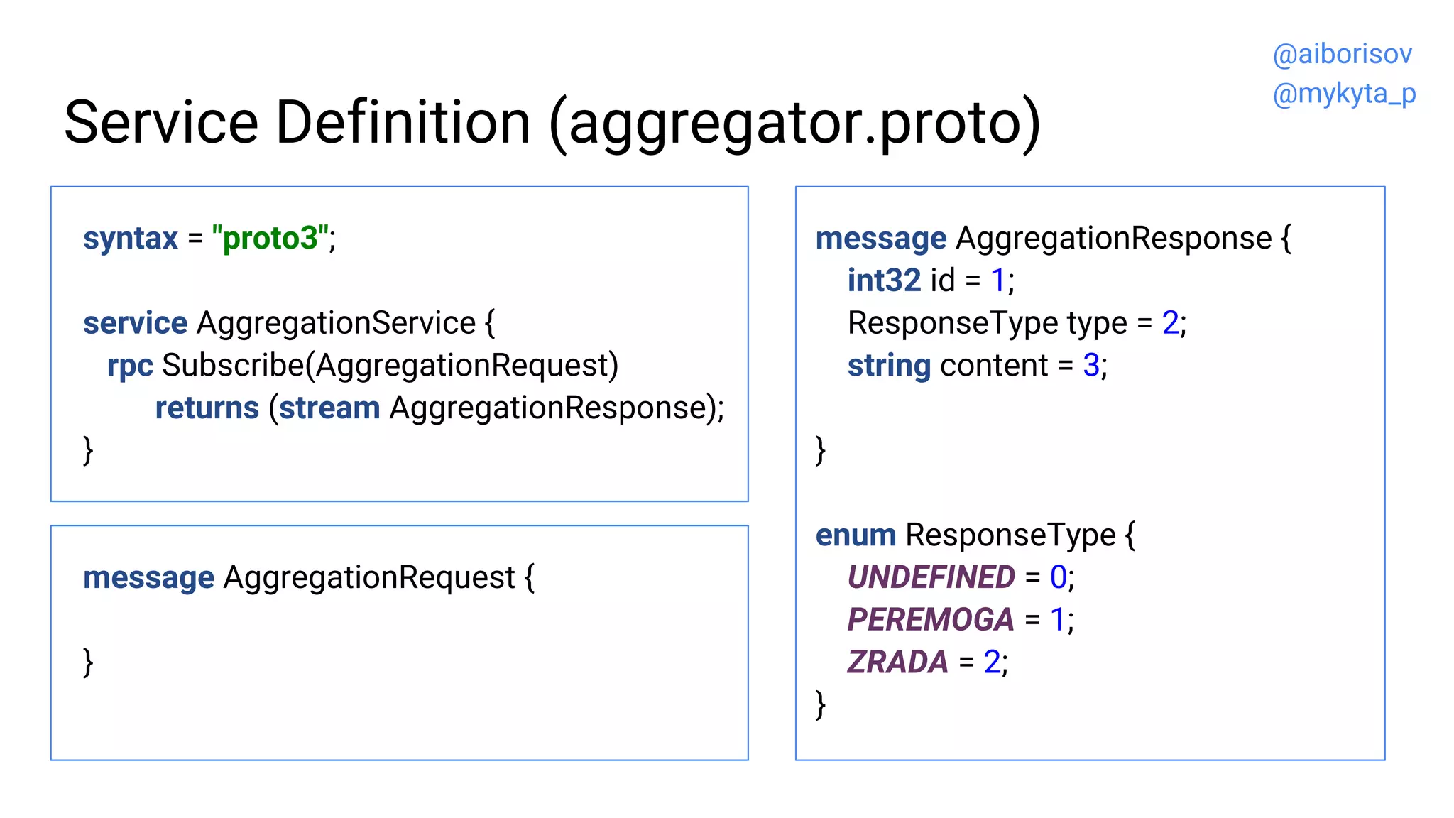 Service Definition (aggregator.proto)
syntax = "proto3";
service AggregationService {
rpc Subscribe(AggregationRequest)
returns (stream AggregationResponse);
}
message AggregationRequest {
}
message AggregationResponse {
int32 id = 1;
ResponseType type = 2;
string content = 3;
}
enum ResponseType {
UNDEFINED = 0;
PEREMOGA = 1;
ZRADA = 2;
}
@aiborisov
@mykyta_p
 