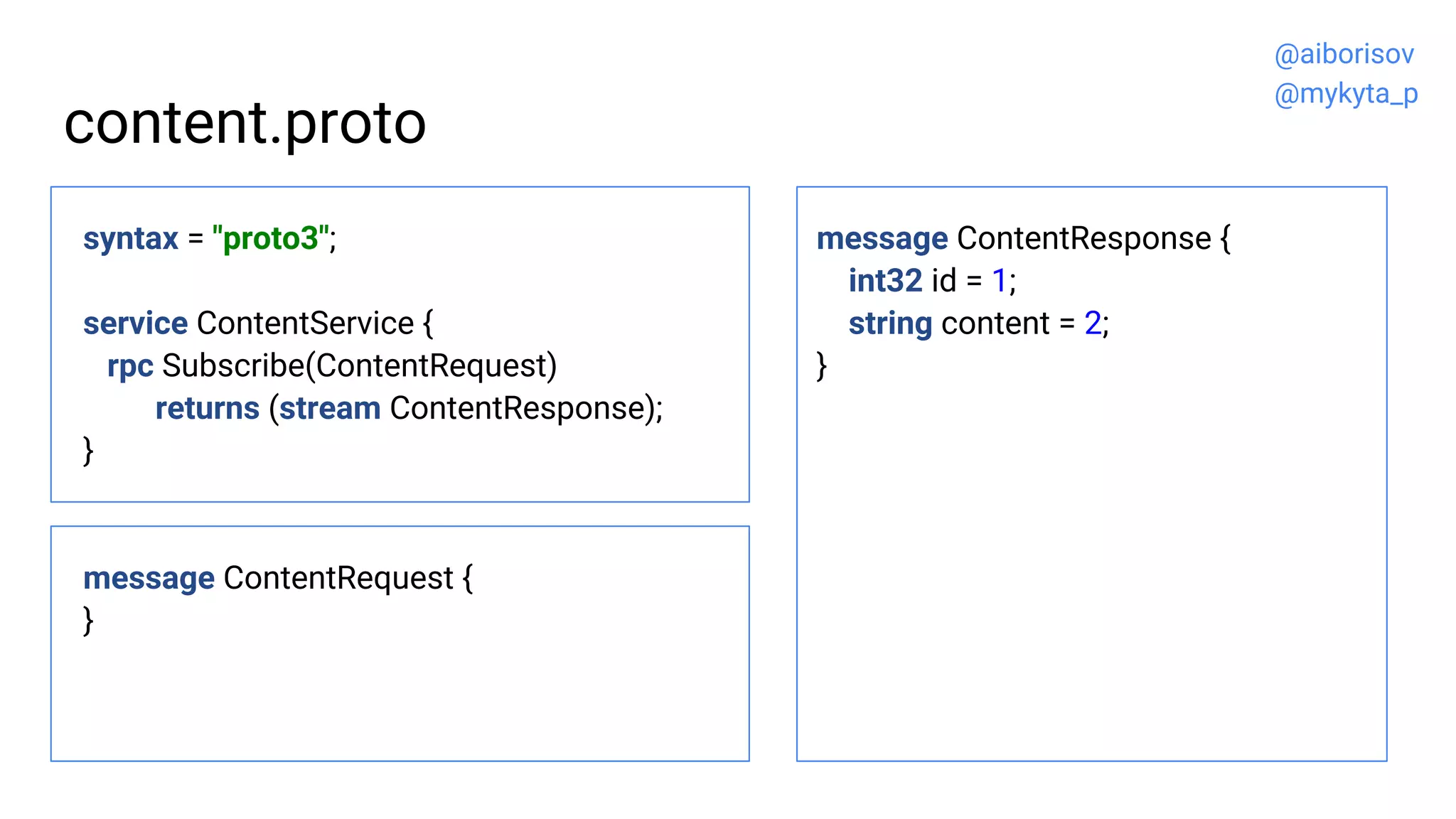 content.proto
syntax = "proto3";
service ContentService {
rpc Subscribe(ContentRequest)
returns (stream ContentResponse);
}
message ContentRequest {
}
message ContentResponse {
int32 id = 1;
string content = 2;
}
@aiborisov
@mykyta_p
 