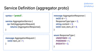 Service Definition (aggregator.proto)
syntax = "proto3";
service AggregationService {
rpc Get(AggregationRequest)
returns ...