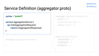 Service Definition (aggregator.proto)
syntax = "proto3";
service AggregationService {
rpc Get(AggregationRequest)
returns ...