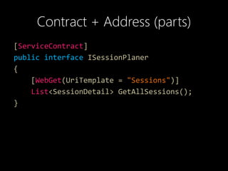 Contract + Address (parts)
[ServiceContract]
public interface ISessionPlaner
{
[WebGet(UriTemplate = "Sessions")]
List<SessionDetail> GetAllSessions();
}
 