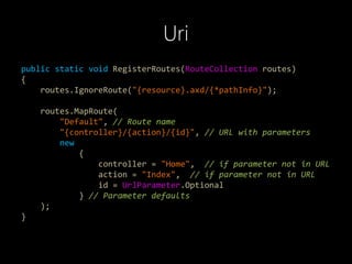 Uri
public static void RegisterRoutes(RouteCollection routes)
{
routes.IgnoreRoute("{resource}.axd/{*pathInfo}");
routes.MapRoute(
"Default", // Route name
"{controller}/{action}/{id}", // URL with parameters
new
{
controller = "Home", // if parameter not in URL
action = "Index", // if parameter not in URL
id = UrlParameter.Optional
} // Parameter defaults
);
}
 