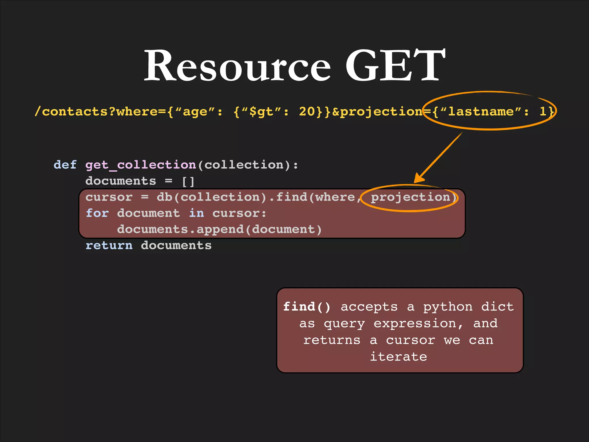 Resource GET
/contacts?where={“age”: {“$gt”: 20}}&projection={“lastname”: 1}

def get_collection(collection):!
documents = []!
cursor = db(collection).find(where, projection)!
for document in cursor:!
documents.append(document)!
return documents

find() accepts a python dict
as query expression, and
returns a cursor we can
iterate

 