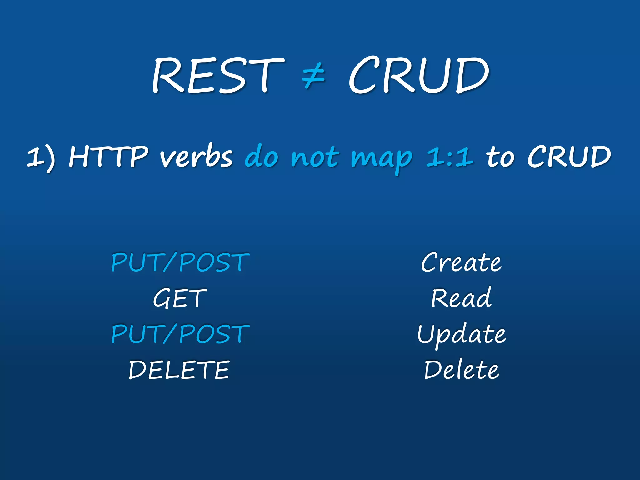 REST ≠ CRUD
PUT/POST
GET
PUT/POST
DELETE
Create
Read
Update
Delete
1) HTTP verbs do not map 1:1 to CRUD
 