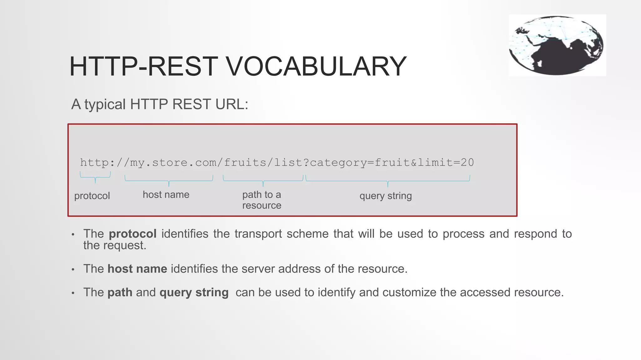 HTTP-REST VOCABULARY
A typical HTTP REST URL:
• The protocol identifies the transport scheme that will be used to process and respond to
the request.
• The host name identifies the server address of the resource.
• The path and query string can be used to identify and customize the accessed resource.
http://my.store.com/fruits/list?category=fruit&limit=20
protocol host name path to a
resource
query string
 