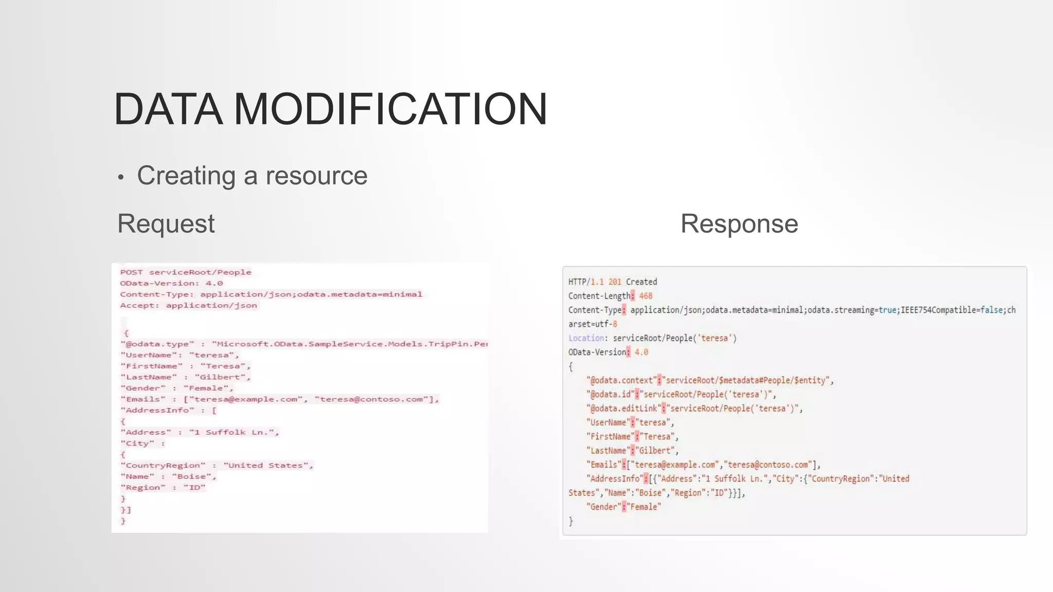 DATA MODIFICATION
• Creating a resource
Request Response
 