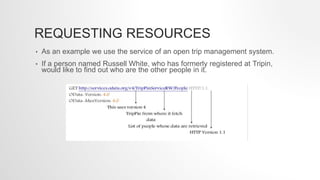 REQUESTING RESOURCES
• As an example we use the service of an open trip management system.
• If a person named Russell White, who has formerly registered at Tripin,
would like to find out who are the other people in it.
 