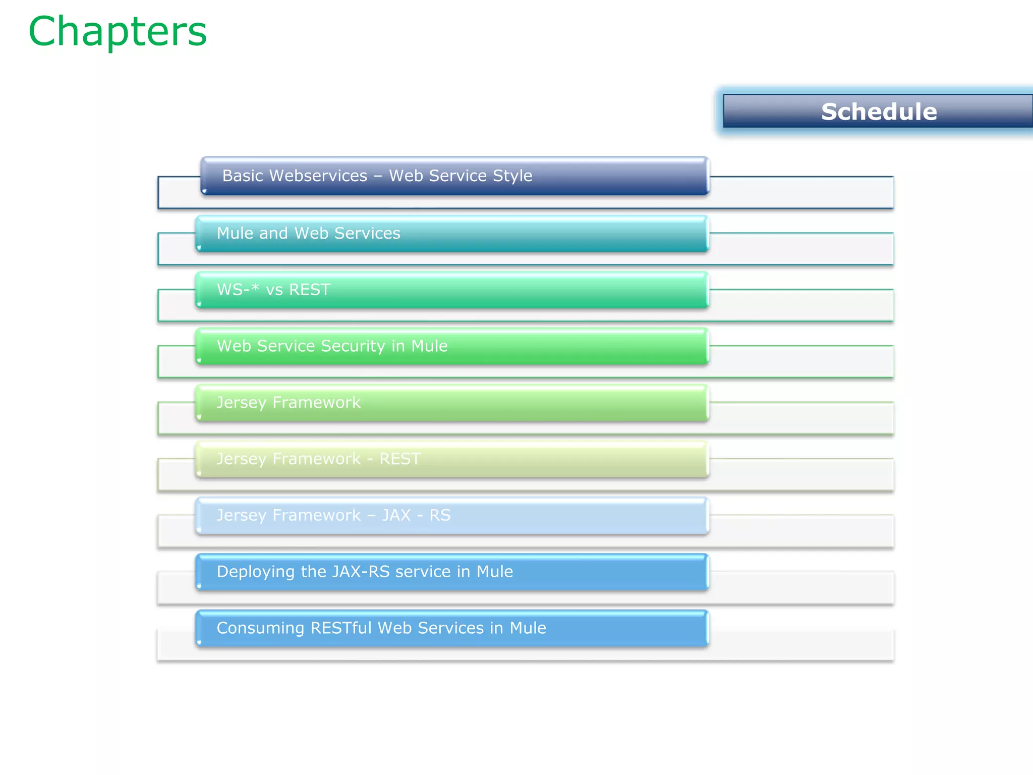 Chapters
Schedule
Filter Types
Basic Webservices – Web Service Style
Mule and Web Services
WS-* vs REST
Web Service Security in Mule
Jersey Framework
Jersey Framework - REST
Jersey Framework – JAX - RS
Deploying the JAX-RS service in Mule
Consuming RESTful Web Services in Mule
 