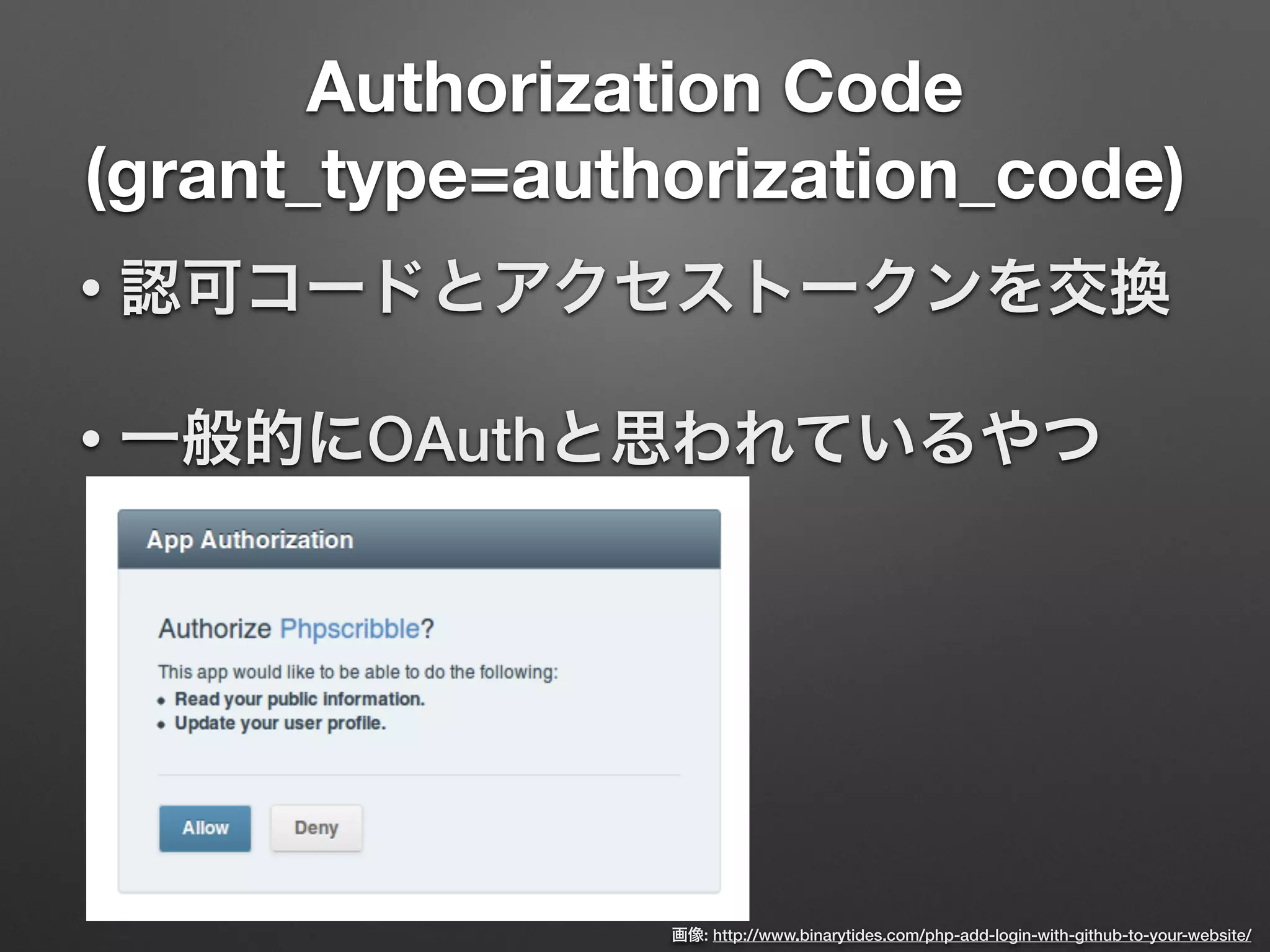 Authorization Code
(grant_type=authorization_code)
• 認可コードとアクセストークンを交換
• 一般的にOAuthと思われているやつ
画像: http://www.binarytides.com/php-add-login-with-github-to-your-website/
 