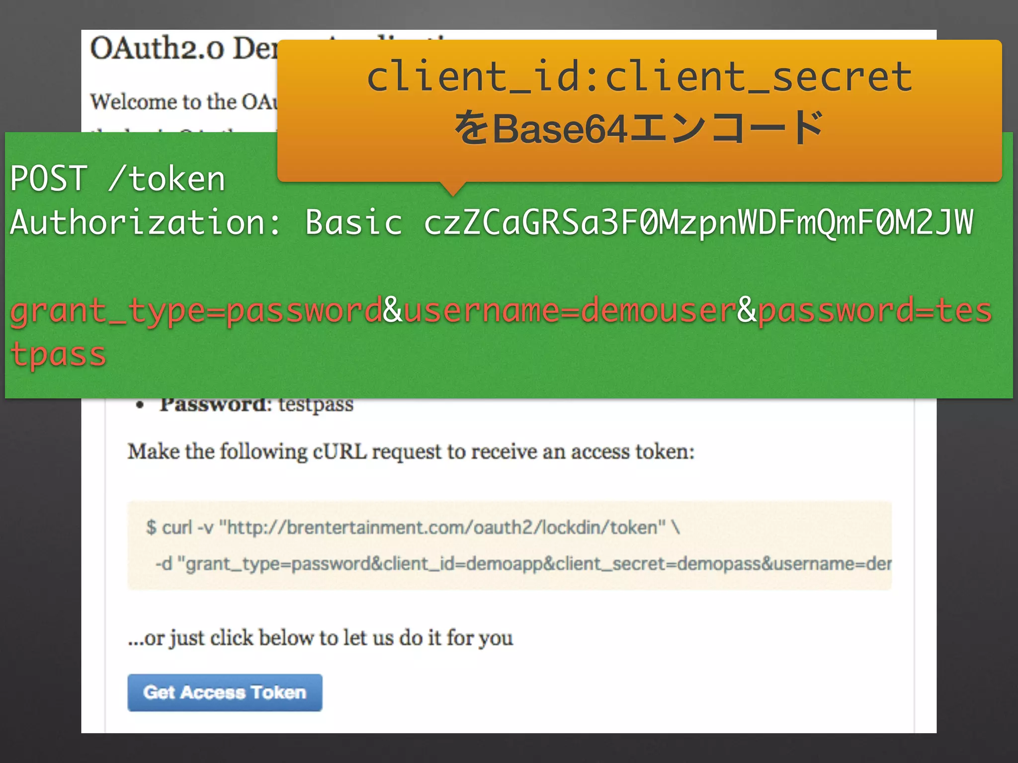 POST /token	
Authorization: Basic czZCaGRSa3F0MzpnWDFmQmF0M2JW	
!
grant_type=password&username=demouser&password=tes
tpass
client_id:client_secret	
をBase64エンコード
 