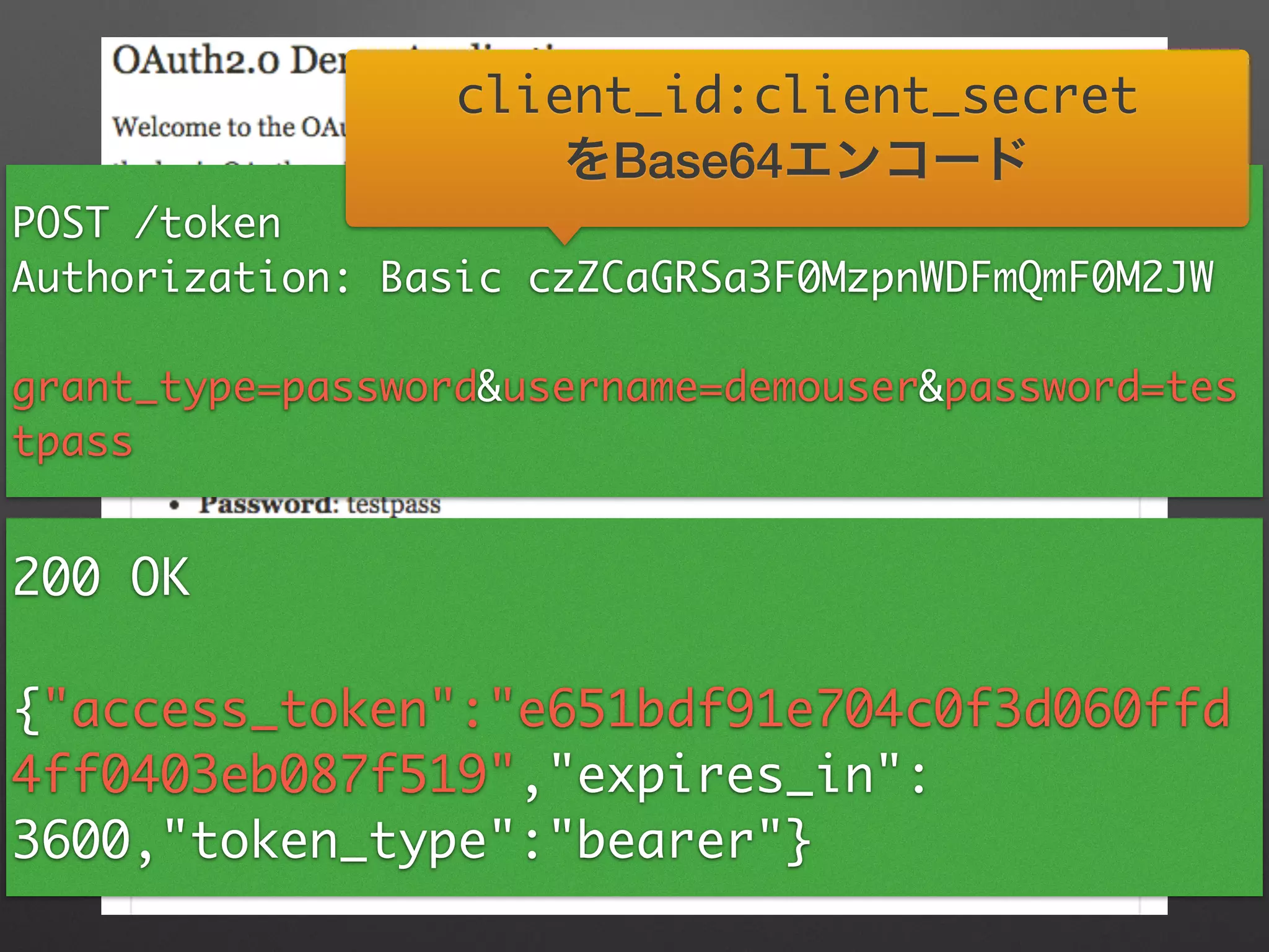 POST /token	
Authorization: Basic czZCaGRSa3F0MzpnWDFmQmF0M2JW	
!
grant_type=password&username=demouser&password=tes
tpass
client_id:client_secret	
をBase64エンコード
200 OK	
!
{"access_token":"e651bdf91e704c0f3d060ffd
4ff0403eb087f519","expires_in":
3600,"token_type":"bearer"}
 