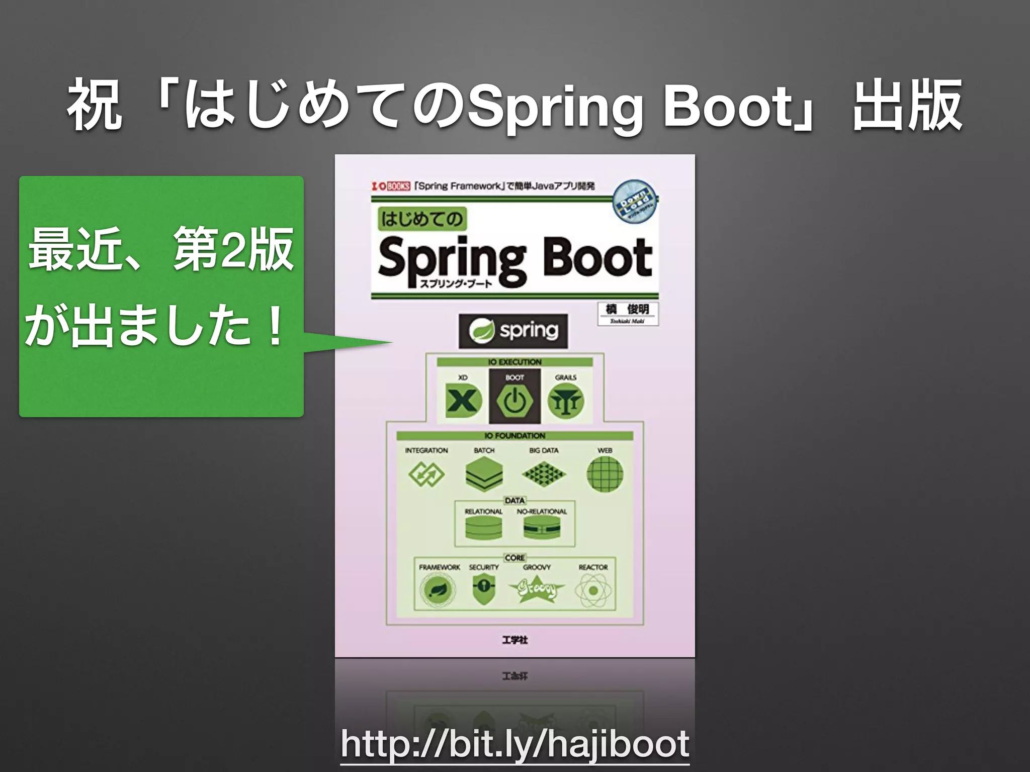 祝「はじめてのSpring Boot」出版
http://bit.ly/hajiboot
最近、第2版
が出ました！
 