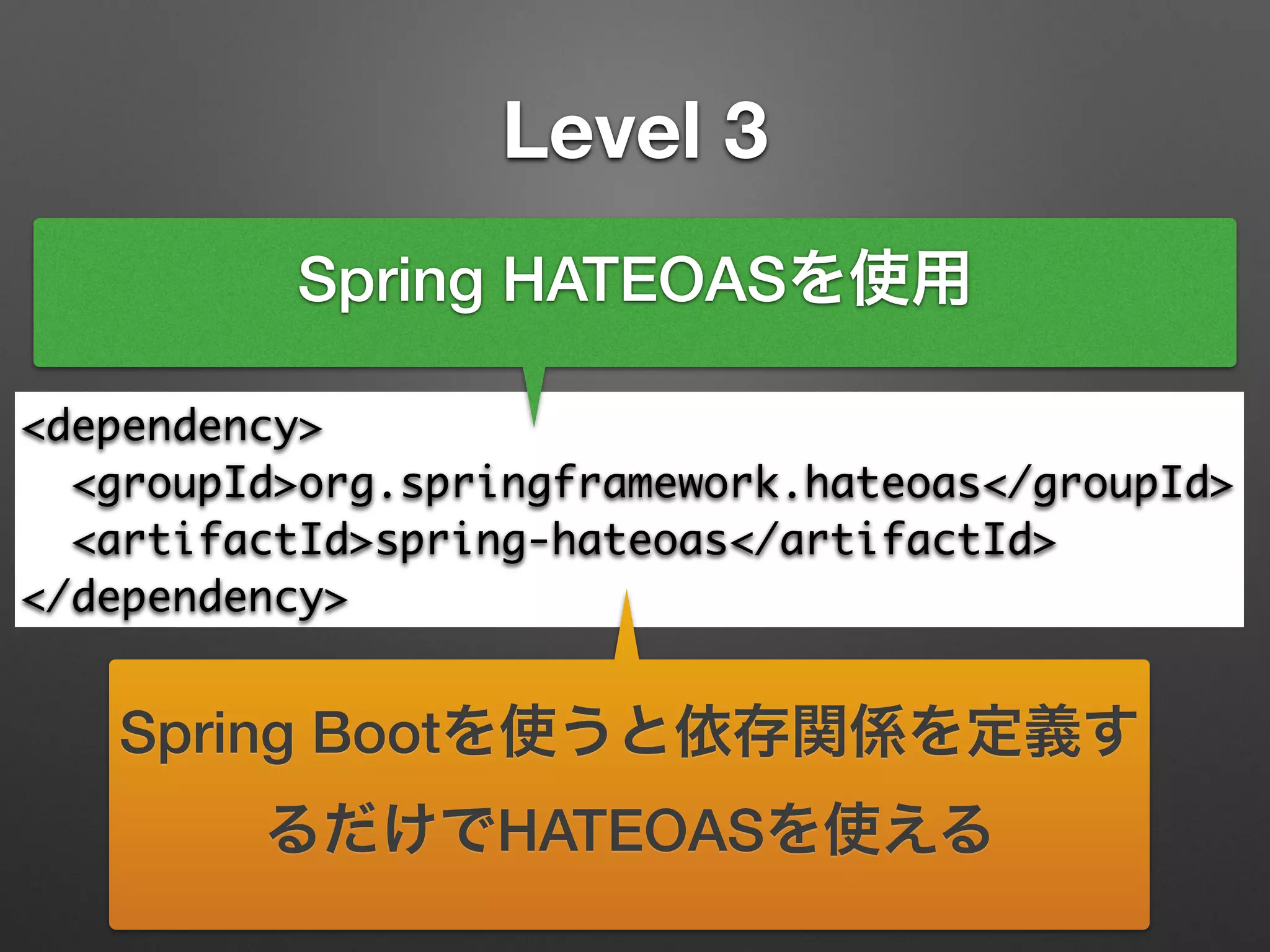 Level 3
<dependency>	
<groupId>org.springframework.hateoas</groupId>	
<artifactId>spring-hateoas</artifactId>	
</dependency>
Spring HATEOASを使用
Spring Bootを使うと依存関係を定義す
るだけでHATEOASを使える
 