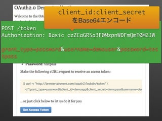 POST /token	
Authorization: Basic czZCaGRSa3F0MzpnWDFmQmF0M2JW	
!
grant_type=password&username=demouser&password=tes
tpass
client_id:client_secret	
をBase64エンコード
 