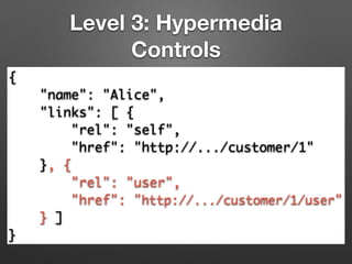Level 3: Hypermedia
Controls
{	
"name": "Alice",	
"links": [ {	
"rel": "self",	
"href": "http://.../customer/1"	
}, {	
"rel": "user",	
"href": "http://.../customer/1/user"	
} ]	
}
 