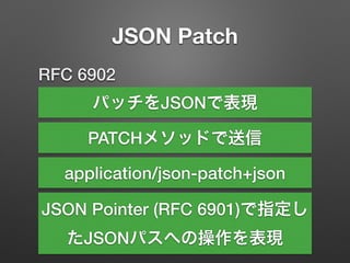 JSON Patch
RFC 6902
パッチをJSONで表現
PATCHメソッドで送信
JSON Pointer (RFC 6901)で指定し
たJSONパスへの操作を表現
application/json-patch+json
 
